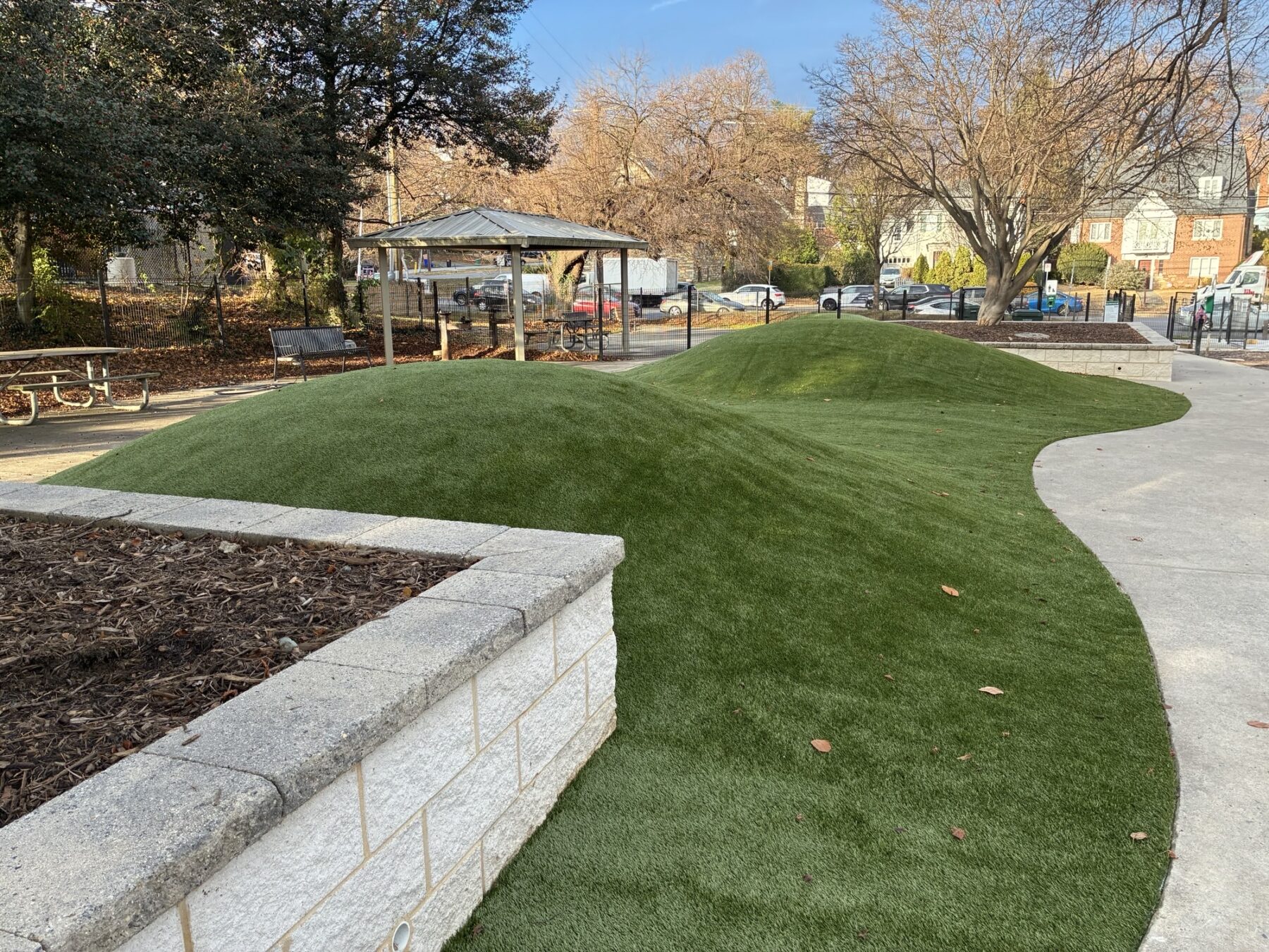 Artificial turf mounds at Ellsworth dog park
