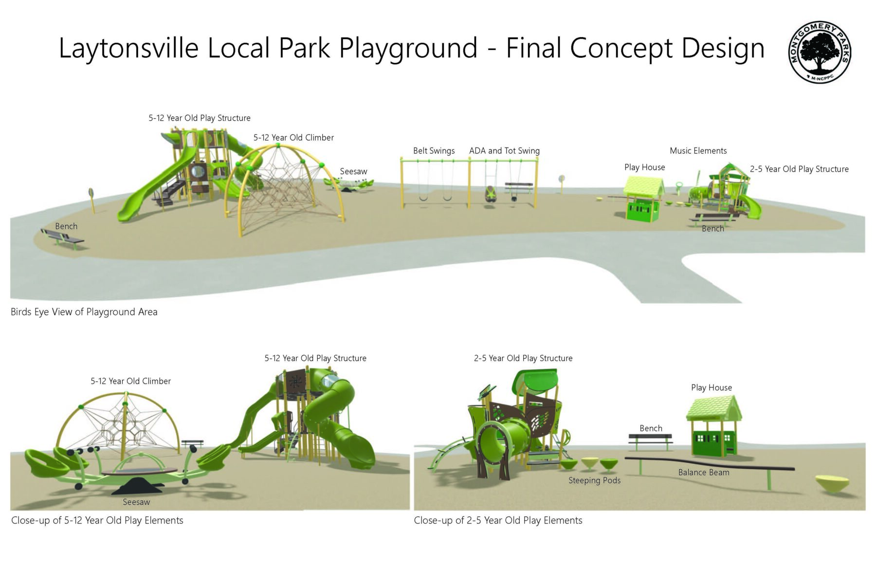 Laytonsville Local Park Playground Final Concept Design. The birds eye view of the playground area features two benches, a 5-12 year old play structure and climber, a seesaw, belt swings, an ADA and tot swing, a play house, music elements, and a 2-5 year old play structure. There is a close-up of the 5-12 year old play elements which includes the seesaw, climber, and play structure which has multiple slides. The close-up of the 2-5 year old play structure features stepping pads, a balance beam, play house, bench, and play structure with slide.