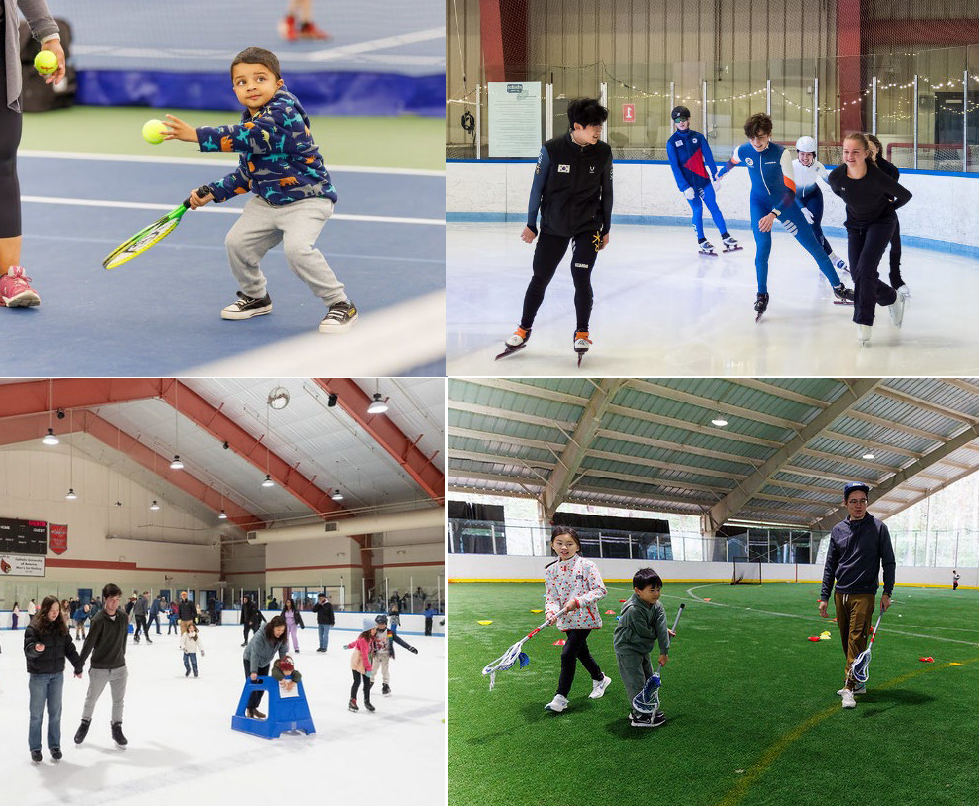 Four photos showing Passport to Sports activities including tennis, ice skating, and lacrosse