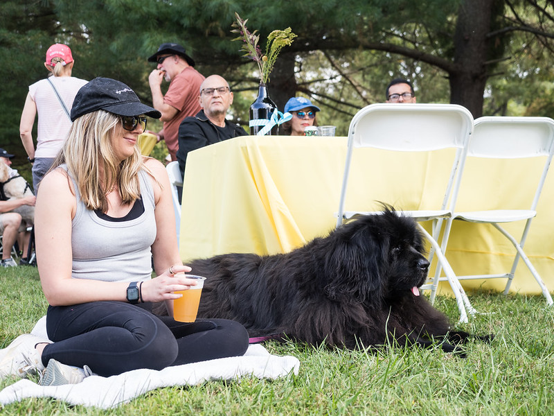 Attendee smiles holding beer with large black dog sitting besides them at Parks Ale Trail