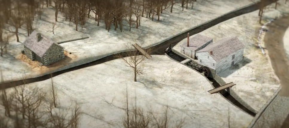 A digital illustrations showing an aerial view of a wooded landscape with two intersecting waterways. Next to the waterways are buildings showing Newlin's Mill.