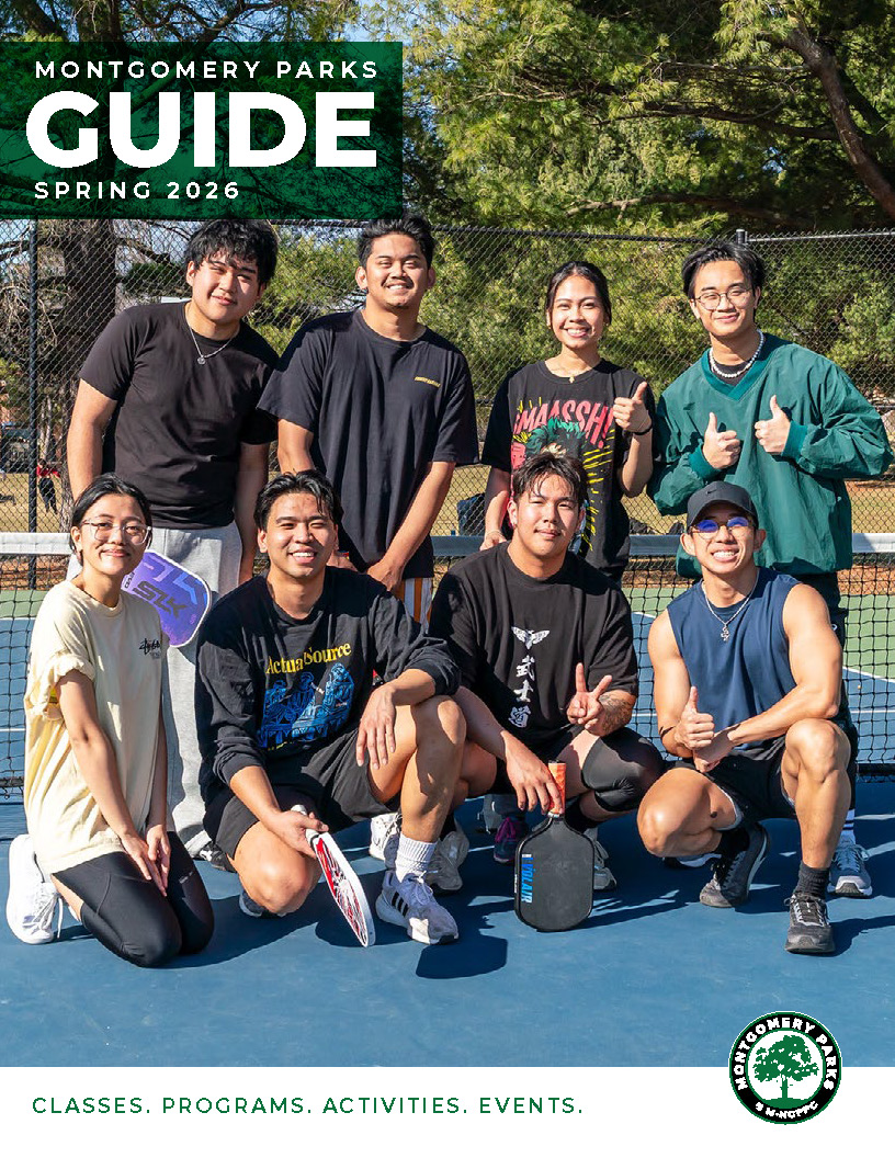 Montgomery Parks Program Guide Spring 2026. A group of eight adults pose on an outdoor pickleball court.