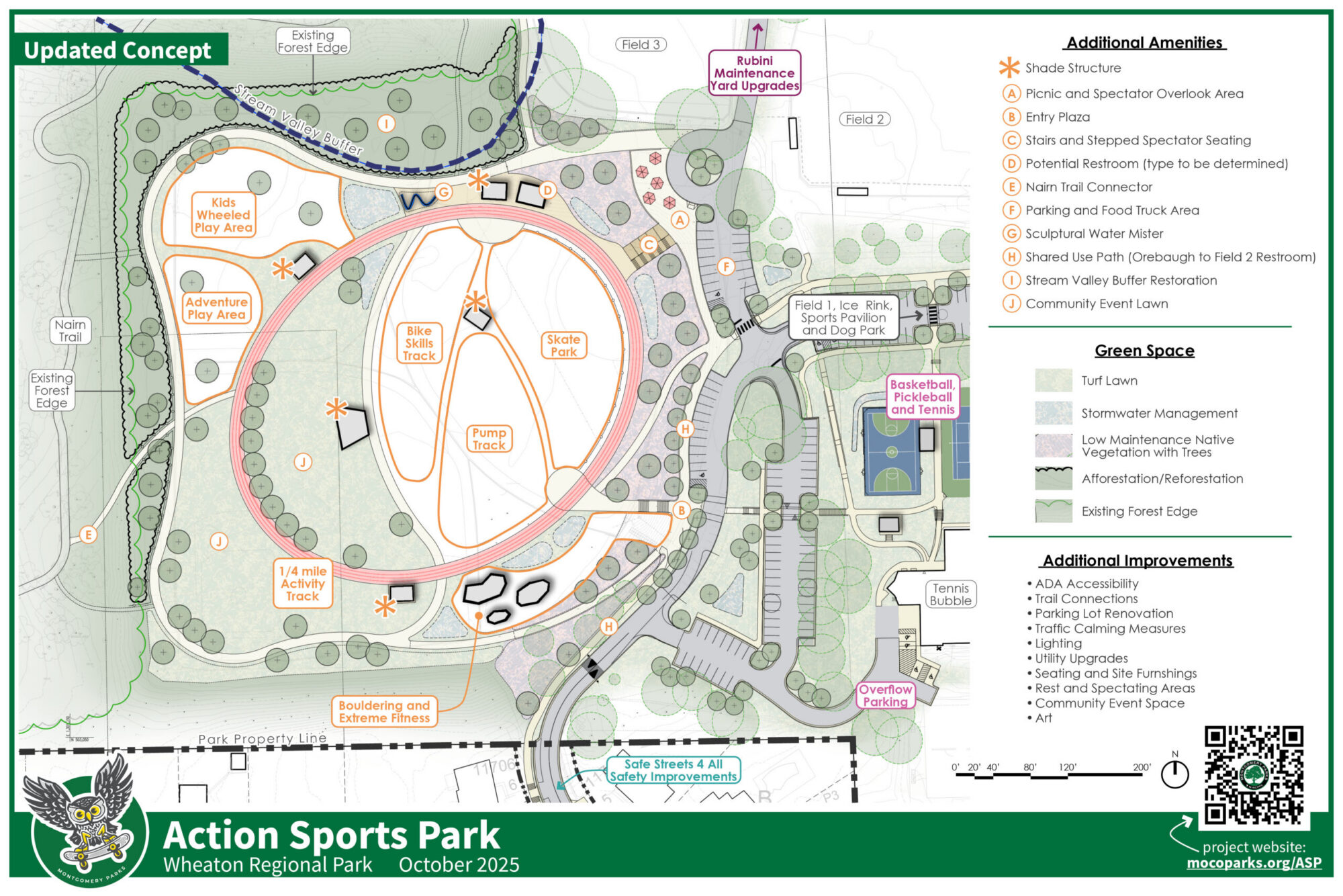 Aerial concept plan for the proposed Action Sports Park in Wheaton Regional Park. It will feature a skate park, bike skills track, pump track, adventure play area, kids' wheeled play zone, quarter-mile activity trail, bouldering zone, and extreme fitness area. The design also includes accessible pathways, picnic spots, spectator areas, parking, tree planting, and open lawns for events.