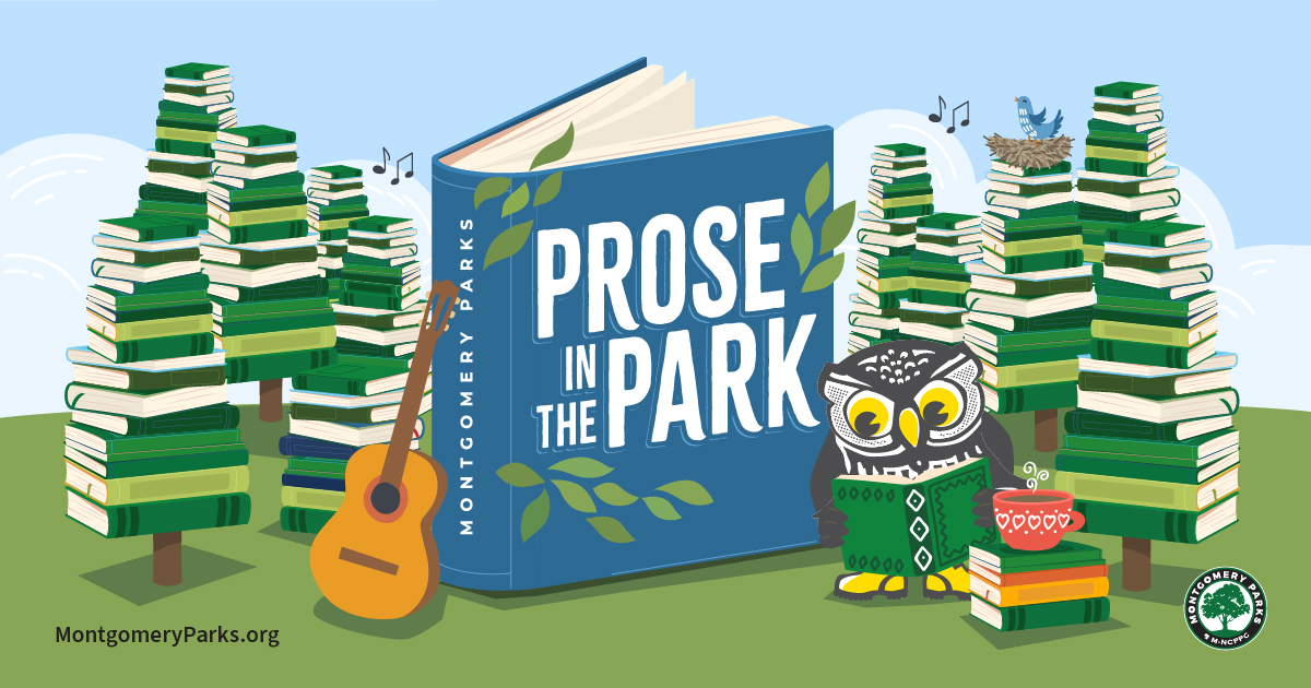 Logo for Prose in the Park event with graphics such as a blue book with event name, surrounded by green books stacked like trees, guitar, and the Parks owl mascot reading a book.