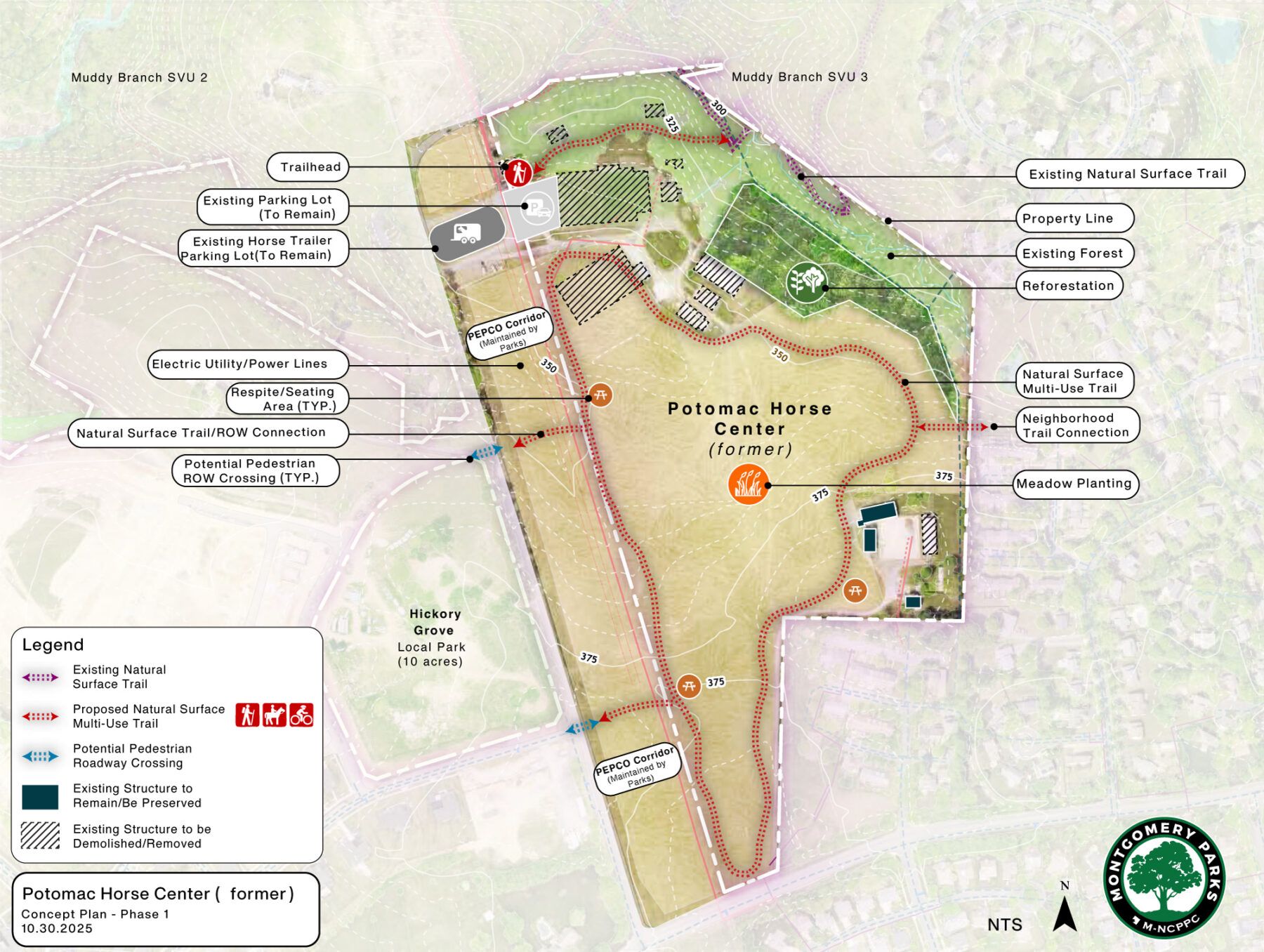 A concept map of trail improvements at Potomac Horse Center, showing existing buildings that will be removed, an improved and relocated trailhead for the Muddy Branch Greenway Trail, a new natural surface trail loop within the park, and reforestation and meadow planting areas. The concept also includes two potential road crossings over Quince Orchard Road that could connect to Hickory Grove Local Park during a future phase of the project