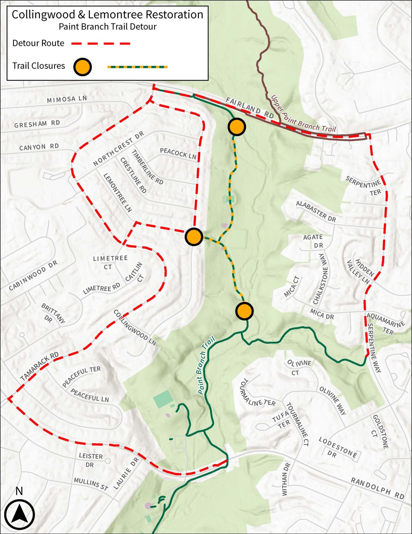 Map of the Paint Branch Trail detour showing closed trail sections and an alternate route around the Collingwood and Lemontree restoration area.
