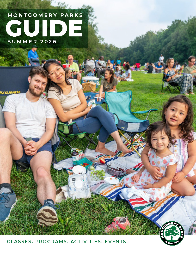 Montgomery Parks Summer 2026 Program Guide Cover features a family of four sitting outside in a park.