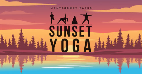 Sunset Yoga series graphic shows silhouettes of individuals doing yoga poses, with a background of trees and a lake.
