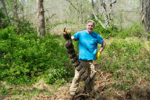 Weed Warrior volunteer holding a massive vine