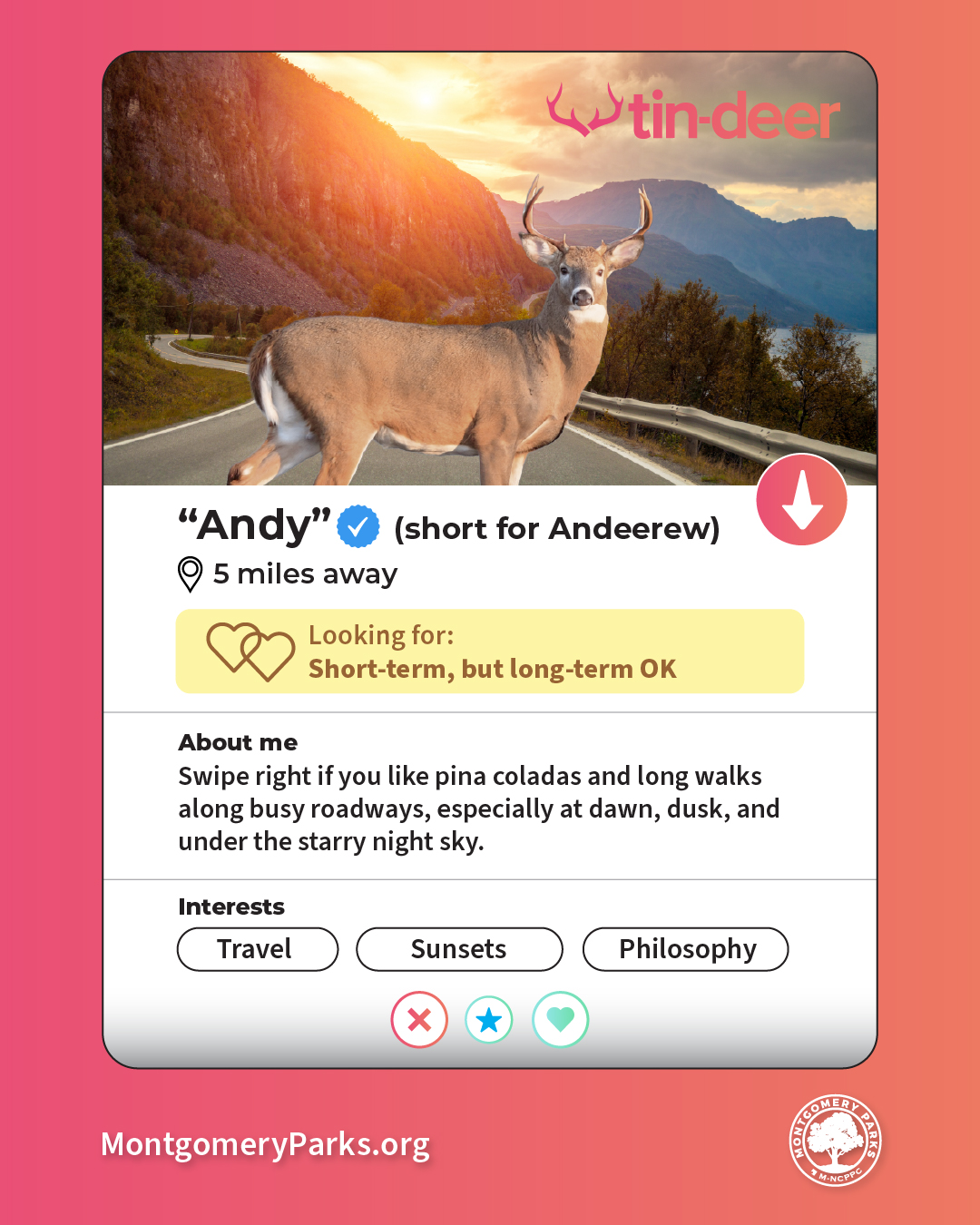 Tinder parody "Tin deer" featuring a deer looking for a mate as part of the Deer Vehicle Awareness social media campaign.