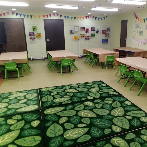 Auditorium of brookside nature center with 4 rectangle tables covered in brown paper across the tables with small green chairs around each and a green carpet in the foreground