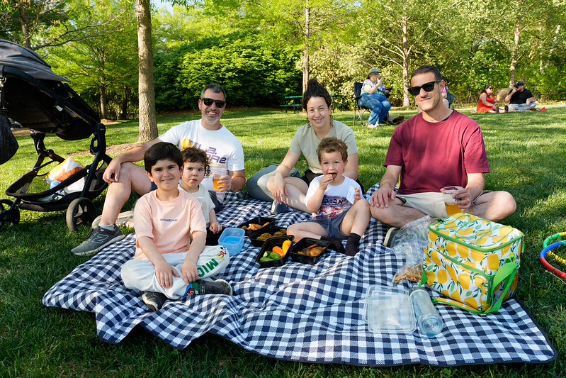 Family sits on picnic blanket in the park