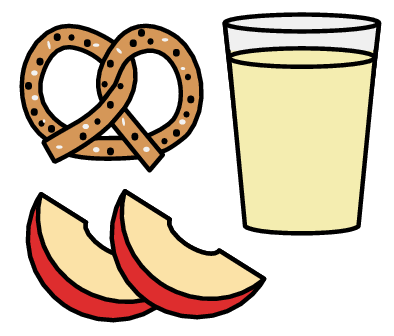 Graphic of two apple slices and pretzel and a drink 