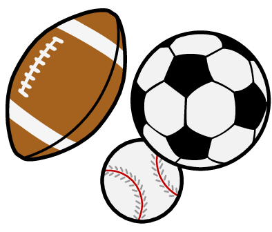 A graphic of a soccer ball , football, and baseball