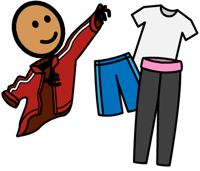 A stick figure drawing trying on a jacket and a t-shirt shorts and pants drawn next to it