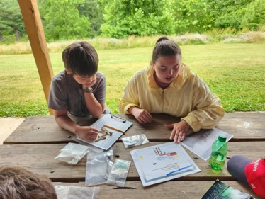 A woman and a boy sitting at a picnic table outside. They are completing some activity with papers and pencils