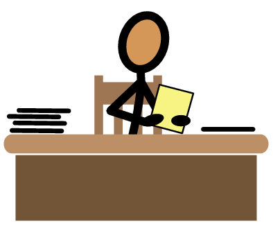 A stick figure sits at a desk with a yellow paper in hand and books to the left