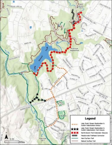 Detour map for the Lake Frank Tributary Stream Restoration and Outfall Stabilization Project and the North Branch Trail Extension Project.