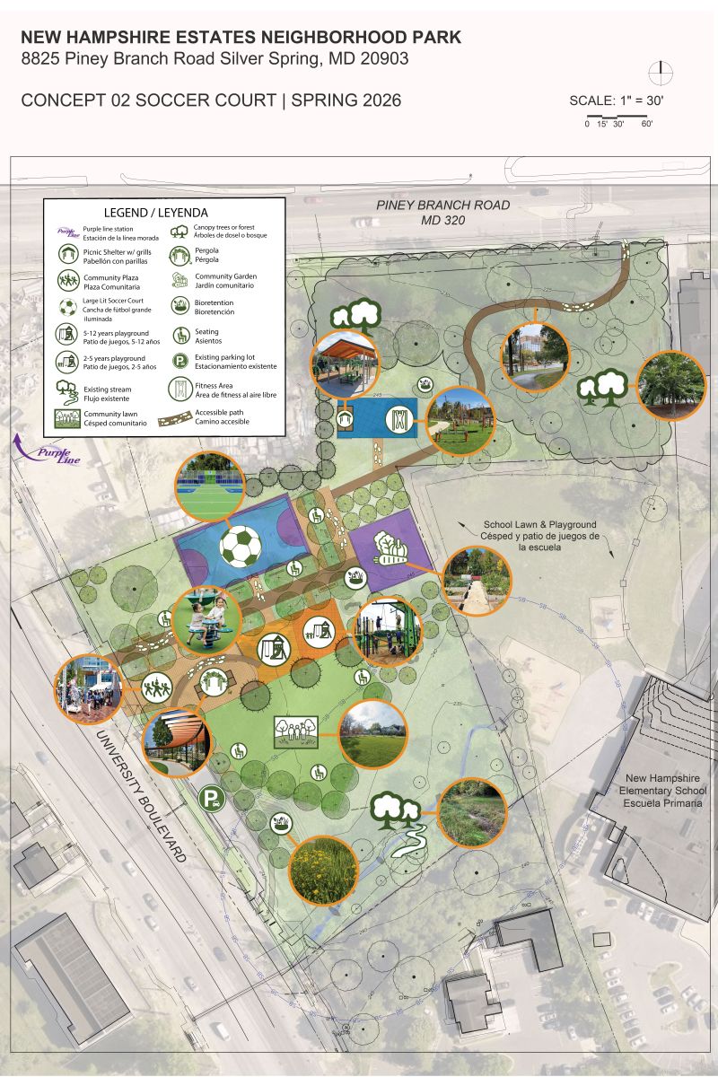 Aerial map of New Hampshire Estates Park Concept 2 showing an open lawn, a large lit soccer court, a community garden, a picnic shelter, a fitness equipment area, a playground area for 2 to 5 year olds, and 5 to 12 year olds.