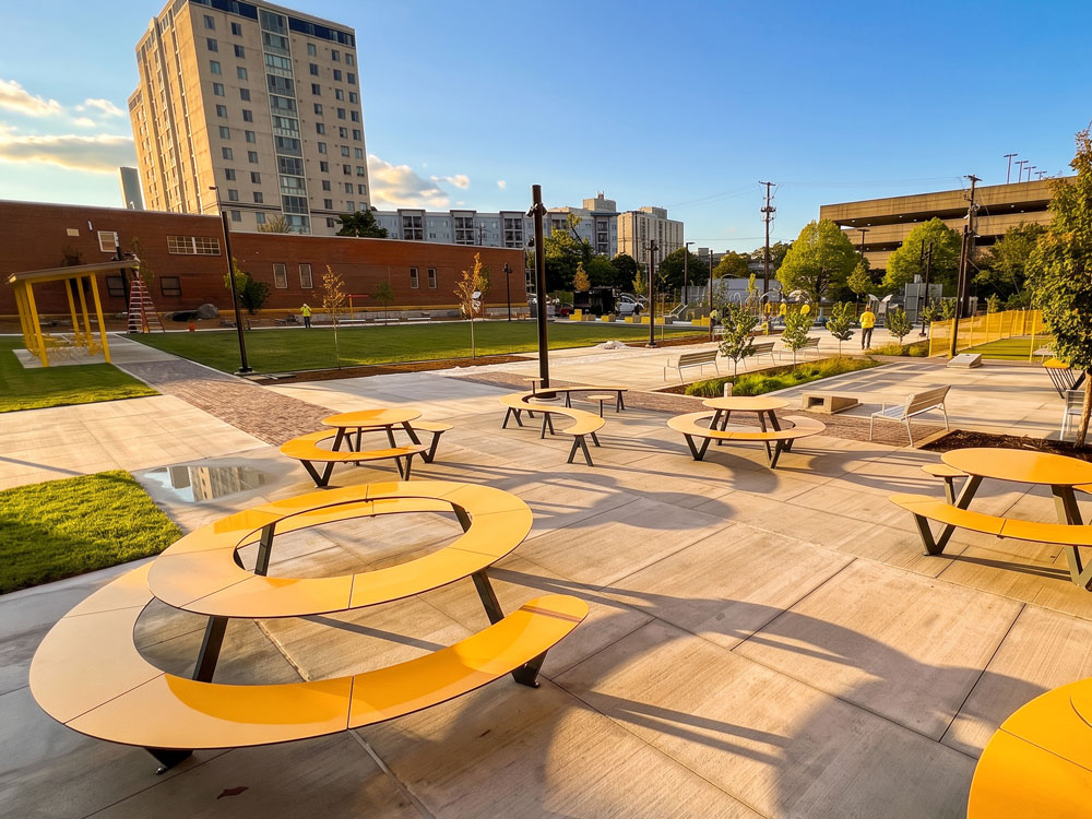 Seating area at Bottleworks Lane park